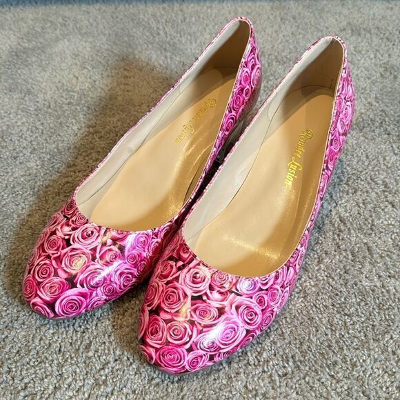 Reindee Lusion Pink Roses Transparent Block Mid Heel Round Toe Size 9.5 NEW - Picture 2 of 15